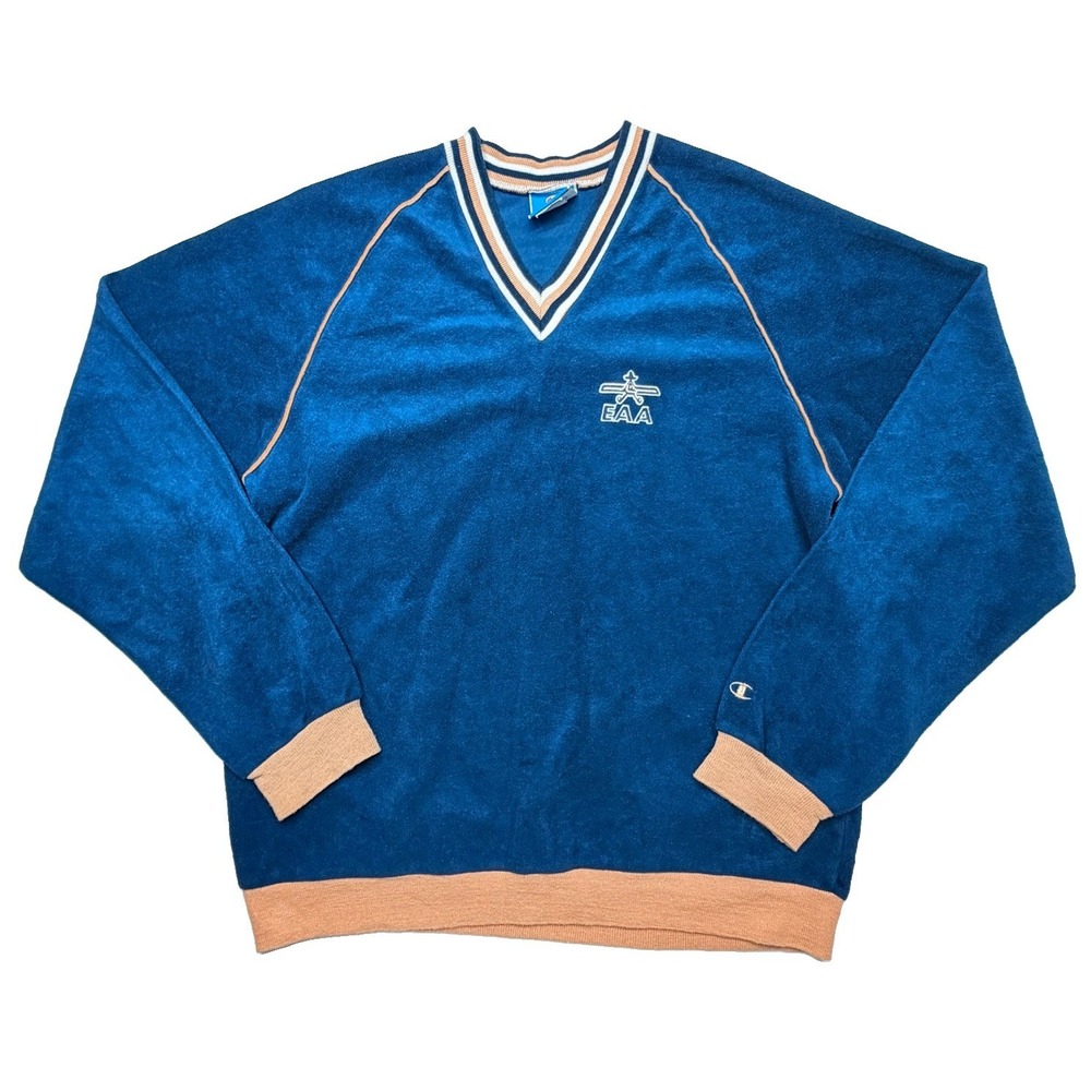 Vintage 1980's Champion EAA Aviation Velour Sweatshirt Medium Blue Made in USA